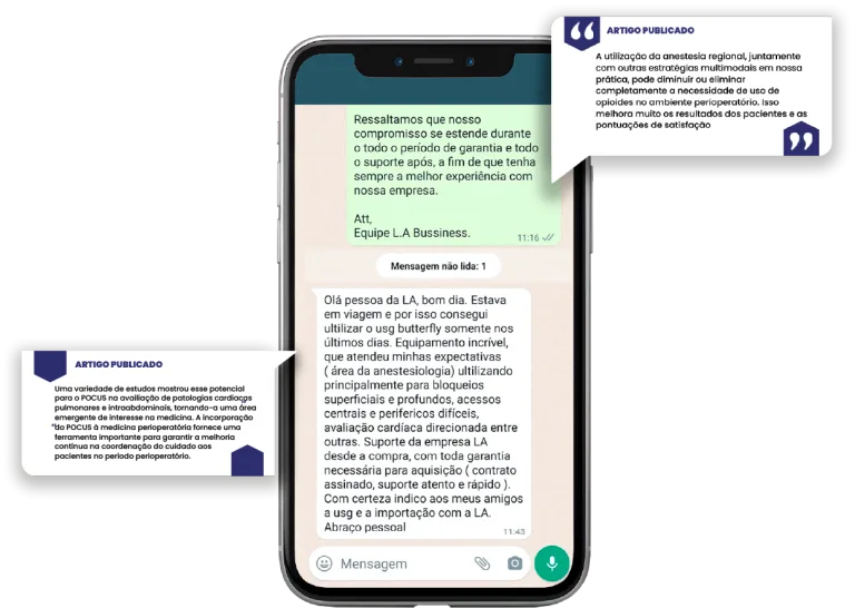 Conversa de WhatsApp com depoimento de cliente e artigos publicados sobre Butterfly iQ+